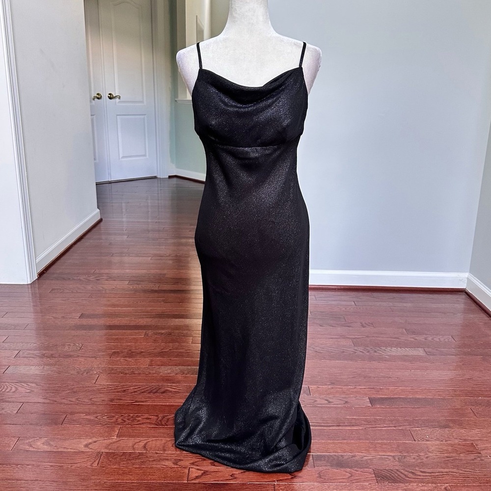 Vintage EPRISE Sparkly Black Maxi Cowl Neck Spaghetti Straps Gown Dress Size 11